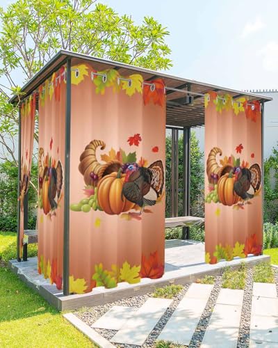 Outdoor Curtain for Patio, Orange Pumpkin Fall Waterproof Blackout Curtain for Porch/Pergola/Gazebo, Thanksgiving Botanical Turkey Thermal Insulated Drapes for Cabana, 2 Panels, 54 x 108 Inch - size: 54"W x 108"L (Pack of 2)