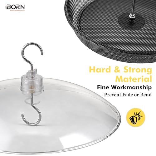 iBorn Hanging Bird Feeder Tray & Rainroof Cover, Bird Feeder Bowl with 13”Bird Feeder Cover for Rain Guard, Chew-Proof Polycarbonate & Thick Metal Hanger, Easy to Refill & Clean, Transparent & Black - size: Bird Feeder Tray+Rainroof Cover