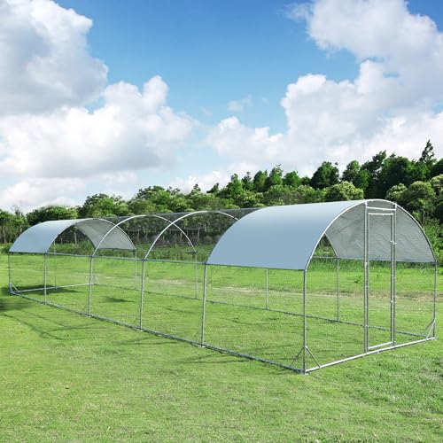 Large Metal Chicken Coop Round Top Upgrade Tri-Supporting Wire Mesh Chicken Run,Chicken Pen with Water-Resident and Anti-UV Cover,Duck Rabbit House Outdoor (31.2'L x 9'W x 6.5'H) - size: 374.4"L x 108.0"W x 78.0"H