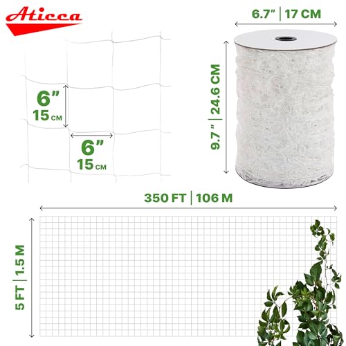 ATICCA Trellis Netting 5 x 350 ft Heavy Duty Polyester Plant Support Netting White - 6 Inch Garden Rope Trellis on Roll - Mesh Twine for Growing Vine Climbing Plants, Flowers, Peas, and Tomatoes - size: 5x350ft Polyester Trellis Netting