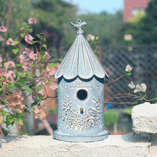 Metal Hanging Birdhouses for Outdoors Bird Houses for Outside Unique Bird Nest for Bluebird Wren Chickadee Sparrow Bird Nest Box for Garden Patio - color: Blue