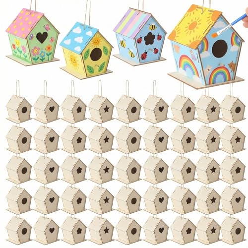 DoubleFill 36 Pcs 4. 33" DIY Wooden Birdhouses Craft for Kids Unfinished Wooden Birdhouse Kits Wood Painting Kit to Build and Paint Unpainted Birdhouses for Children VBS Crafts