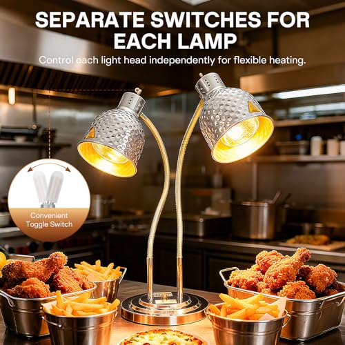 2-Head Food Heat Lamp, 500W Commercial Food Warmers, Silver | Keep Food Warm, Adjustable Heads, Portable Heat Lamp for Food, Food Warmers for Parties Buffet, Restaurant, Kitchen, Catering - color: Silver