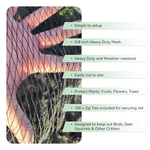 Bird Netting 15x15 FT 1/2 Inch Mesh Heavy Duty Woven Mesh Netting | Heavy duty woven mesh protects fruit trees, berries and gardens from birds & small animals with UV-resistant durability - size: 15x15Ft-0.5"