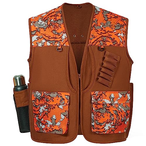 BASSDASH Upland Game Field Water-Resistant Bird Hunting Vest with Multi Pockets Men Women FV11 - color: Brown/Flame Camo, size: Medium