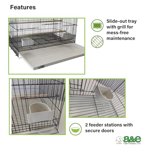 A&E Cage Co 503 Flight Cage – 24"x16"x16" Small Bird Cage with Slide-Out Tray, Wood Perch, Dual Feeding Stations & Carry Handle – Black Powder Coated Cage for Finches, Canaries & Small Birds - color: Black, size: 24.0"L x 16.0"W x 16.0"H