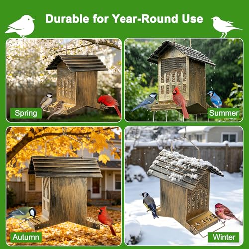 Large Metal Bird Feeder House Outdoor 2-Side Feeding 7.5 Lbs Capacity | Heavy Duty, Waste Proof, Waterproof, Weatherproof, Chew-Proof, House Shape, Easy to Refill and Clean, No Frequently Refill - size: L- 7.5 lbs capacity