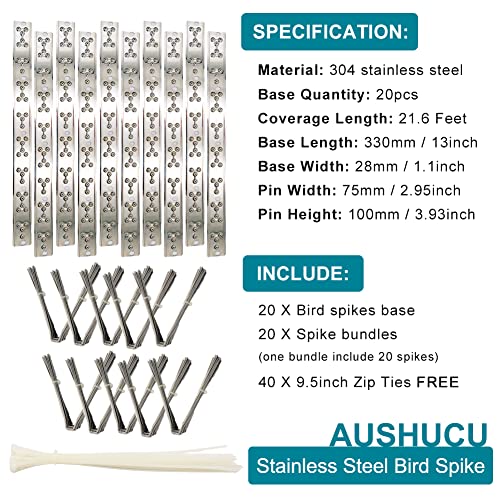 Bird Spikes Cover 21.6Feet Stainless Steel Pigeons Spikes Small Bird Spike for Roof Fence Window Mailbox(20pcs) | Easy to install, with zip ties - size: 21.7Feet(20pcs)