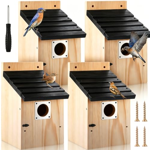 Dreyoo 4 Pack Bluebird Houses for Outside with Metal Predator Guard, 1-1/2" Entrance Hole Wooden Blue Bird Houses for Outdoors, Bluebird Nesting Box(Black Roof, Wood Body) - color: Black Roof, Wood Body