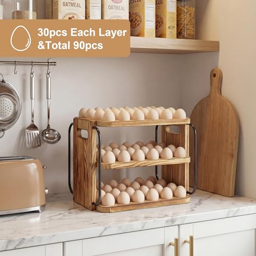 Wooden Egg Holder Countertop for Fresh Eggs with Handle | 3 layer, fresh egg holder countertop, stackable with 90 eggs for countertop to store chicken/duck/hand painted/easter egg - color: Pine