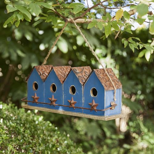 Glitzhome 17" L Retro Blue Distressed Solid Wood Birdhouse with Perch Garden Hanging Bird House for Outdoors - color: 17"L Retro Blue