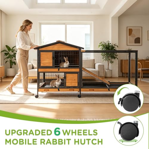 GUTINNEEN 2-Story Rabbit Hutch with Chew-Proof Full Metal Frame for Indoor/Outdoor - 62" Bunny Cage with 6 Locking Casters & 2 Pull-Out Trays for Rabbits, Guinea Pigs, Small Pets (Brown) - color: Brown & Black