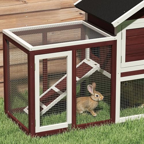 PawHut 49" Wooden Rabbit Hutch Bunny Cage with Fun Outdoor Run Brown | Waterproof Asphalt Roof, Removable Tray and Ramp, for Rabbits, Chickens, Ducks - color: Brown and White