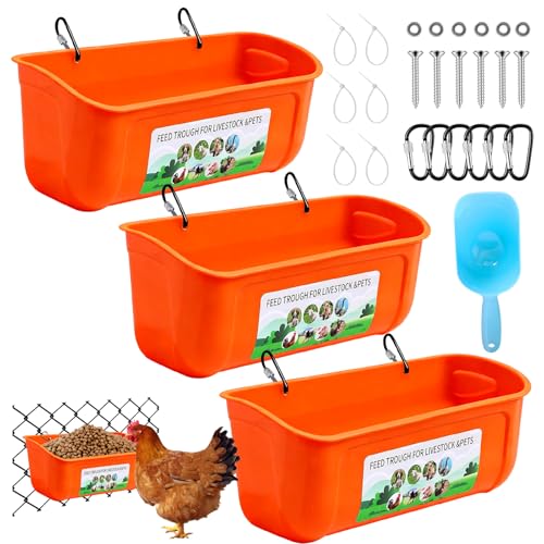 3 Pack Chicken Feeder, Duck Feeder Supplies, Hanging Fence Feed Trough with Clips for Goat, Sheeple, Piglet, Gooses, Turkeys, Dog Livestock Poultry, 8 Quarts in Total, Feed Scoop Included, Orange - color: Orange 3pcs