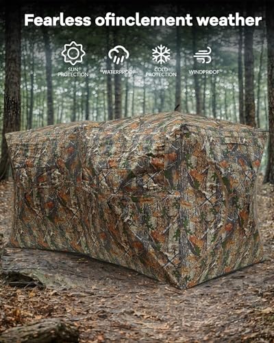 Portable Pop-Up Hunting Blind, 4-6 Person Camouflage Ground Blind with 270° See-Through Windows, Waterproof, Windproof, Silent Design, for Deer & Turkey Hunting