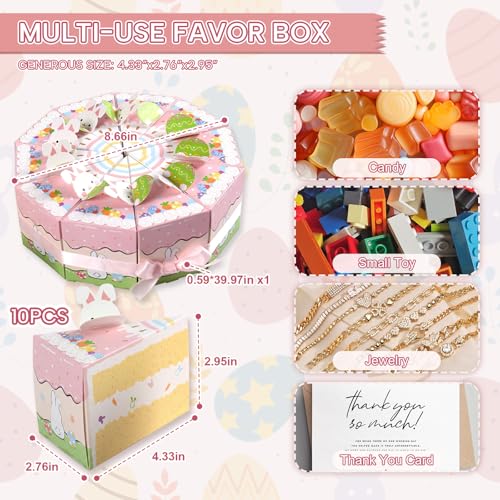 10 Piece Cake-Style Easter Box Set, Candy Chocolate Dessert Containers with 3D Bunny & Egg Decor + Pink Ribbon Perfect Easter Treat Boxes & Party Favor Containers for Baby Shower, Birthday Party