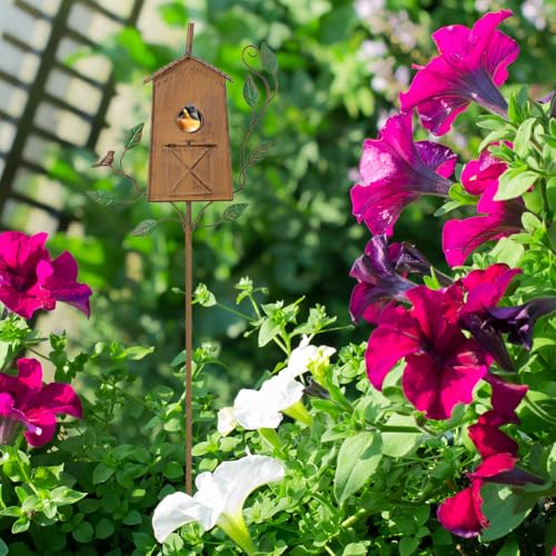 50" Bird Houses for Outside with Pole, Outdoor Metal Birdhouse for Patio, Yard, Garden, Brown - style: Cottage(Brown)