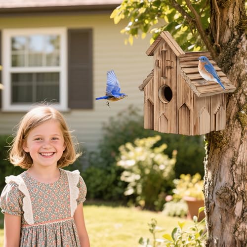 Church Birdhouse for Outside, Wooden Hanging Bird Houses, Weather-Resistant Garden Decor for Bluebird,Sparrow,Finch,Cardinal, Outdoor Bird Nest Box with Predator-Proof Entrance Hole