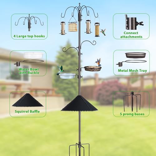 94-Inch Bird Feeding Station Kit, 6-Hook Pole with Squirrel Baffle | Bird Bath Bowl, Mesh Seed Tray, Freestanding 5-Prong Base, Removable Parts, Easy Assembly, for Patio, Lawn and Garden - size: 94 Inches with Squirrel Baffle