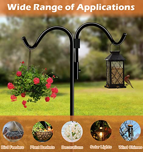 60 Inch Double Shepherds Hook for Outdoor with 5 Prong Base | Adjustable Heavy Duty Bird Feeder Pole for Hanging Flower Basket, Plant Hanger, Solar Light Lanterns, Black - size: 60in-1pcs