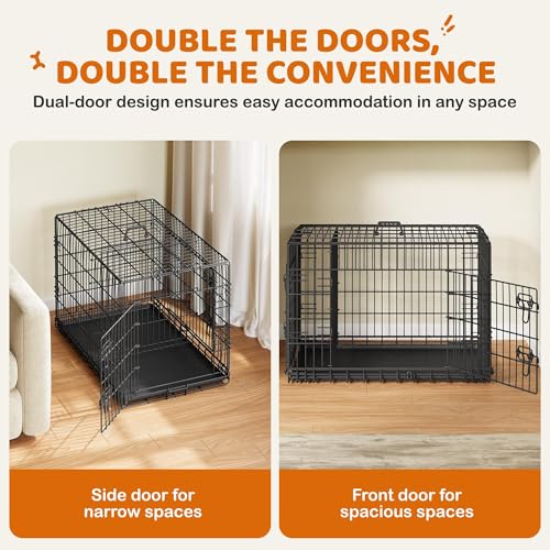 Yaheetech 36in Double Door Metal Dog Crate w/Divider for Puppy Indoor Use | Heavy-duty Sturdy Metal Frame, Easy Assemble, Fold Up for Travel, Removable Tray, Ideal for Puppies, Small to Medium Dogs - size: 36" L