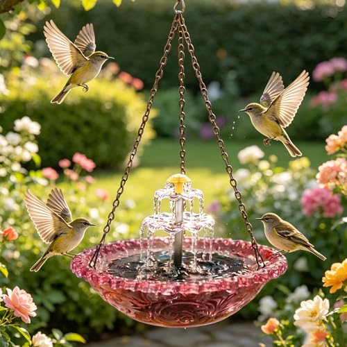 Solar Cascade Hanging Bird Bath, 3-Layer Powered Birdbath Fountain, Red | Outdoor Water Dispenser for Hummingbirds, Hummingbird Bath Shower Bowl for Garden Yard - color: Red