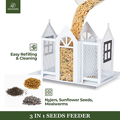 Kingsyard Bird Feeder House for Outside, Metal Mesh Wild Bird Feeder with Triple Feeders for Finch Cardinal Chickadee, Large Capacity, Weatherproof and Durable | with Triple Feeders, Squirrel Chew Proof, 3 lbs Large Capacity, Weatherproof, Easy to Clean &
