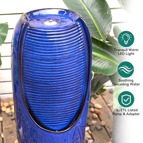 Autodaya 33" H Ceramic Jar Outdoor Water Fountain with Lights, Cobalt Blue | Natural Charm Water Feature with 3D Tropical Leaf Pattern, Soothing Cascading Waterfall for Peaceful Garden Patio Yard Porch - color: 32"h Cobalt Blue New