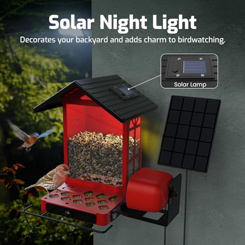 Smart Bird Feeder Camera,Vivid 2.5K Color Night Vision | Free AI Bird Identifier, Durable Squirrel-Resistant Metal Body, Solar Powered, Outdoor Gift for Mom Dad Birds Lovers - color: Red Camera