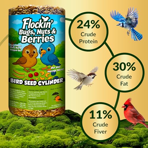 Bugs, Nuts & Berries Bird Seed Cylinders with Hole, Mealworms, 6" x 7.75" | Protein Rich Wild Bird Food with Mealworms, Cylinder Bird Seed, Attracts a Variety of Wild Birds, No Filler, USA Made,3.75lbs - size: 1-Large