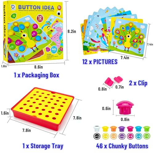 Button Art Pegboard for Toddlers - 12 Pics & 46 Buttons, Gift 3+ | 7.8'' x 7.8'' pegboard with bird theme. Builds fine motor skills, color matching & creativity. Perfect early learning gift