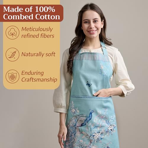 Maison d' Hermine Aprons for women with Pocket 100% Cotton (27.50"x31.50") | Adjustable Neck Strap & long ties Apron Men Chef Wedding Cooking Gardening Server Maid - color: 022 - Peacock Utopia - Pastel Turquoise