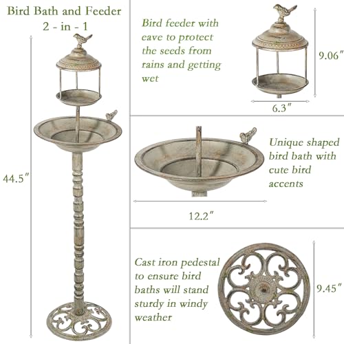 44.5" H 2 in 1 Metal Bird Bath, Standing Bird Feeder Garden Yard Decor | 2-in-1 weatherproof metal bird bath, functional standing bird feeder, exquisite decor for backyard garden and yard - color: Retro-D