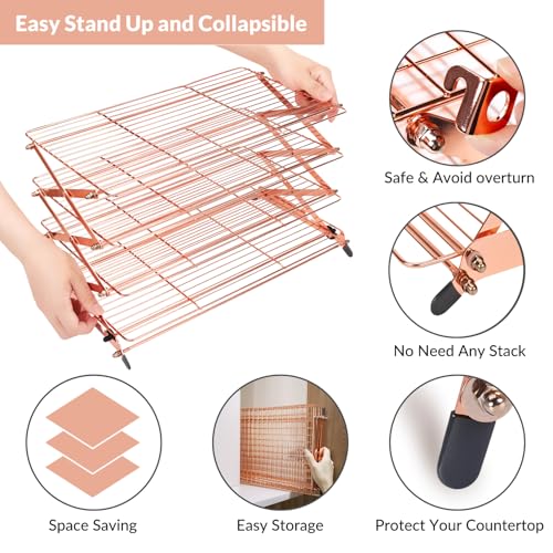 Geesta 2/3/4-Tier Collapsible Cooling Rack with Adjustable 3 Setting Design Stackable Cooling Roasting Cooking for Cookies Baking - Copper Cooking Utensils - color: Rose Gold