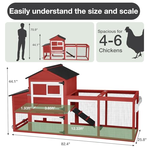 Large Chicken Coop with Run for 4-6 Chickens, Mobile Chicken Coop with Wheels & Handle, Outdoor Wooden Hen House with Nesting Box, Removable Tray, Waterproof Roof, Easy Clean Poultry Cage-Red