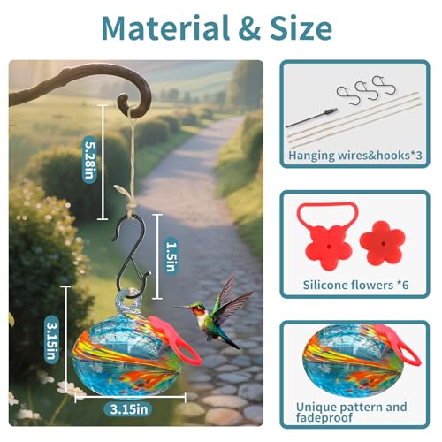 Pozfun Set of 3 Hummingbird Feeders for Outdoors Hanging,Hand-Blown Glass Hummingbird Feeder with Silicone Feeding Perch,Never Leak,Gardening Gifts for Woman Man(Blue) - color: Phoenix Tail Blue