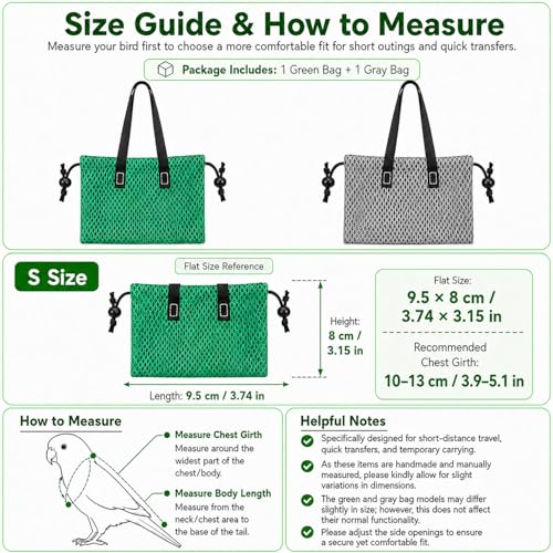 2PCS Portable Bird Carrier Bag,Comfortable Fit Parrot Travel Pouch with Adjustable Neck Opening,Breathable Mesh Anti-Escape Carrier for Birds,Conures,Lovebirds,Cockatiels,Budgies (Small) - size: Small