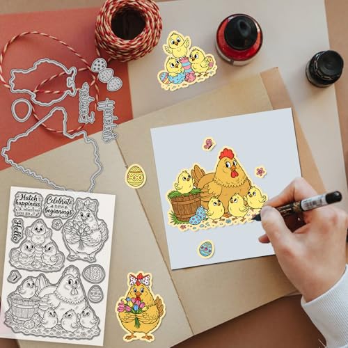 GLOBLELAND Cartoon Chicken Clear Stamps and Metal Die Cuts Spring Easter Hen Transparent Stamp Cute Animals Cutting Dies for Card Making Embossing Scrapbooking - style: Cartoon Chicken
