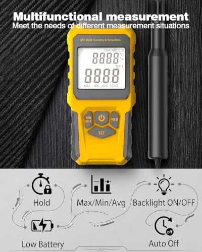 MT-93D Split Thermo Hygrometer Humidity Meter | Flexible spring cord air temp probe, RH dew wet bulb readout, backlit LCD, data hold MAX/MIN, ℃/℉, humidifier HVAC greenhouse