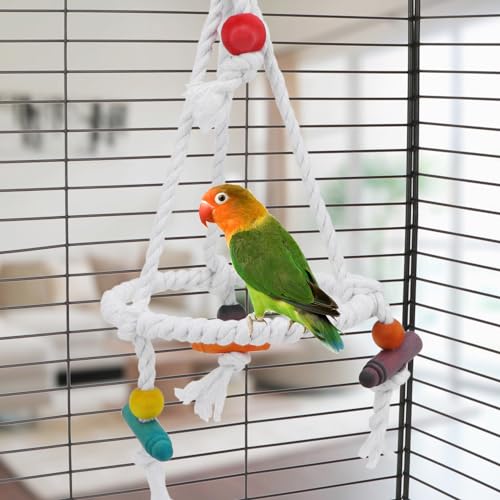 Hypeety Bird Swing Cotton Rope Round Hanging Hammock Perch Toy for Parakeet | Durable stainless steel ring with colorful beads, easy-hanging, stable ring struction, for budgies/conures/quakers, white