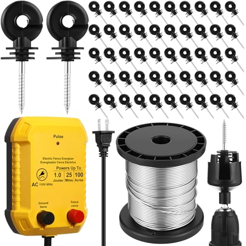 Electric Fence Charger Set 25 Mile 110VAC 1 Joule Electric Plug in Fence to Contain Chickens Pet Poultry 50 Black Insulator and 1 Socket Tool 250ft Aluminum Wire for Garden Pond Protection - style: 1 Joule