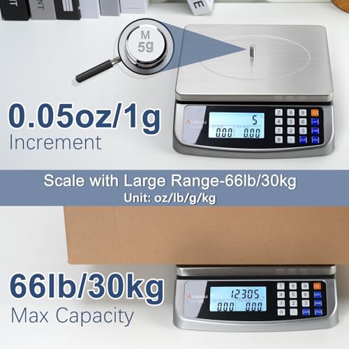 Atogou 66lb Food Scale, Commercial Kitchen Scale with Price Computing | Plug-in Usable, 0.05oz/1g Increment, 304 Stainless Steel, for Cooking, Vegetables, Farm, Industry, Counting. LC300 Grey - style: Grey 66lb/30kg