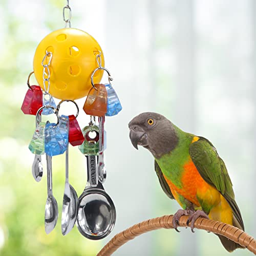 Litewoo Bird Chew Toy Metal Spoons Hanging for Parrot Macaw | 5 metal spoons, colorful acrylic flower, durable chew toy, cage hanging swing, for parrots/cockatoos/african grey/conure - color: A - Spoon Toy