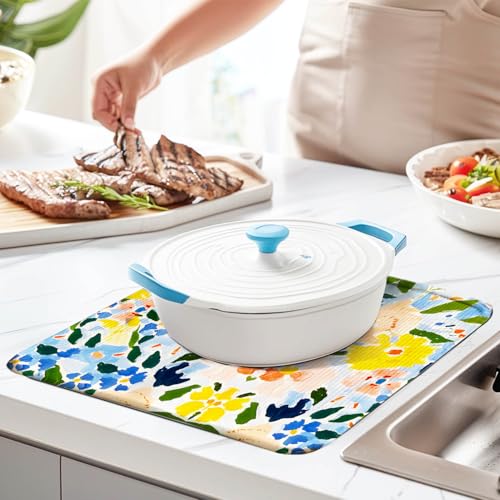 Floral Reversible Counter Dish Drying Mat, 18x24, Blue Yellow Draining Pad | Soft microfiber catches spills, non-slip backing protects counters, compact foldable mat suits dishes, glasses and cookware - color: Flower 02, size: 24" x 18"