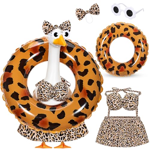 Bikini Porch Goose Outfits with Sunglasses and Swimming Tube for 23" Summer Goose Costume Garden Patio Statue Decor(Leopard Print) - style: Leopard Print
