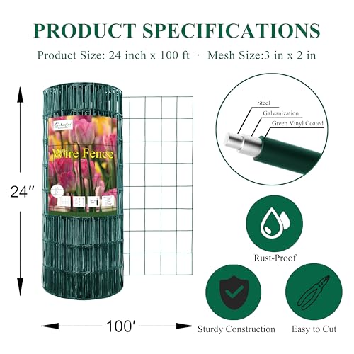 Green PVC Coated Welded Wire Fence 24" x 100' Roll, 2"x3" Mesh, 16 Gauge | Vinyl Coated Garden Fencing, Yard & Pet Barrier, Chicken Wire Fencing, Dog Enclosure Mesh, Vegetable Plant Protector - color: Green, size: 2''x3'' 16GA 24''x100'