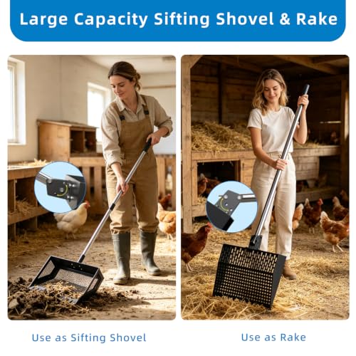 Goat Pooper Scooper & Manure Rake, Heavy Duty Metal Sifter Shovel with Adjustable Long Handle, Specially Designed for Goat Stall Cleaning, Farm Livestock Waste Pickup Tool with Gloves (40–71")