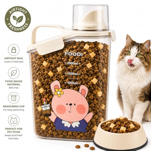 Pet Food Storage Container, 6 lb Airtight Cat Food Bin, Cute Cartoon Design | Wide pour spout, measuring cup cap, silicone seal, snap locks, carry handle, clear body, food-safe storage for 6 lb dry food