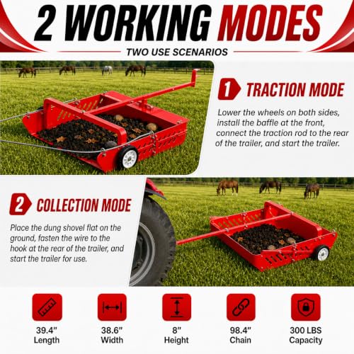 GRIND MODE 2-in-1 Horse Paddock Cleaner & Tow-Behind Trailer, Heavy Duty Manure Fork & Scoop, Efficient Yard Sweeper for Horse Manure, Drag Collector for Pasture/Yard Easy Cleanup - color: Red, size: Wire Drag