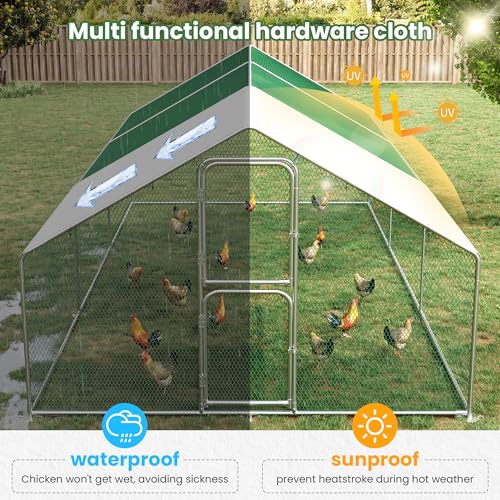 Metal Chicken Coops Walk-in Chicken Run with Waterproof Hardware Cloth Cover Poultry Cage with Split Double Door - color: Silver, size: 120.0"L x 79.0"W x 79.0"H